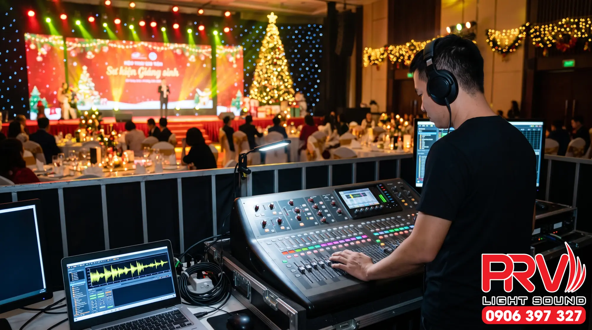 Kỹ thuật viên âm thanh ánh sáng đang vận hành bàn mixer kỹ thuật số chuyên nghiệp tại khu vực FOH của sự kiện Giáng sinh, phía xa là sân khấu lung linh với ánh đèn sân khấu và khách mời đang dự tiệc